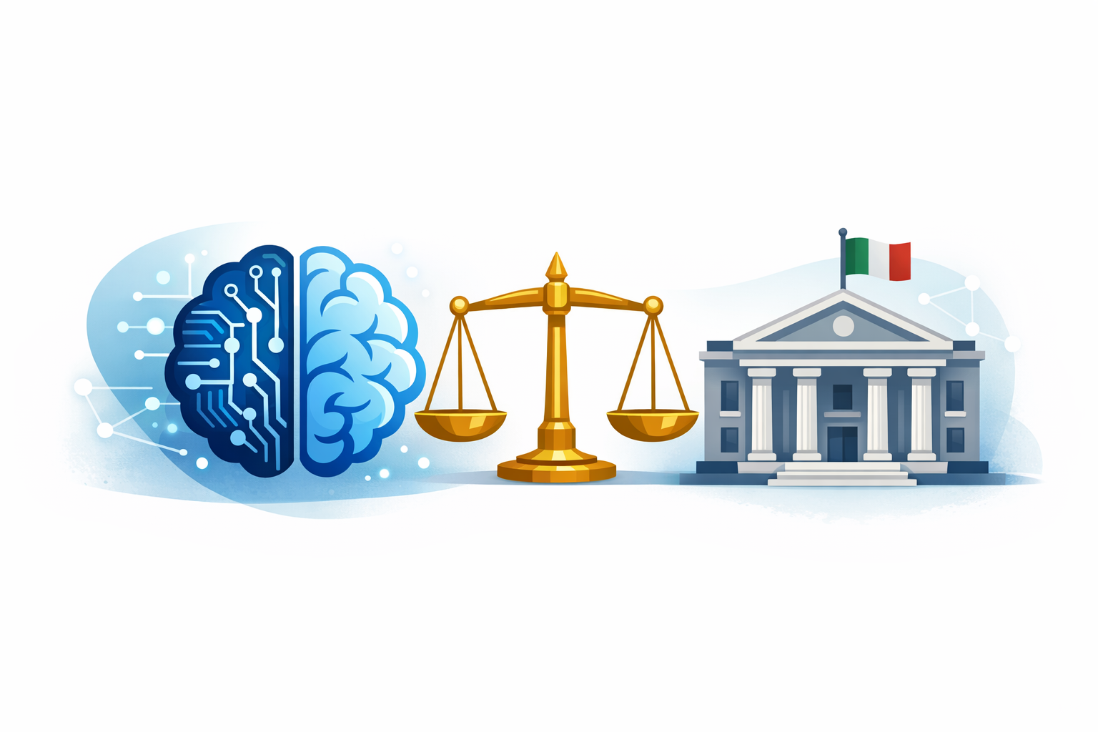 Un cervello che rappresenta l'AI, una bilancia ed un Municipio