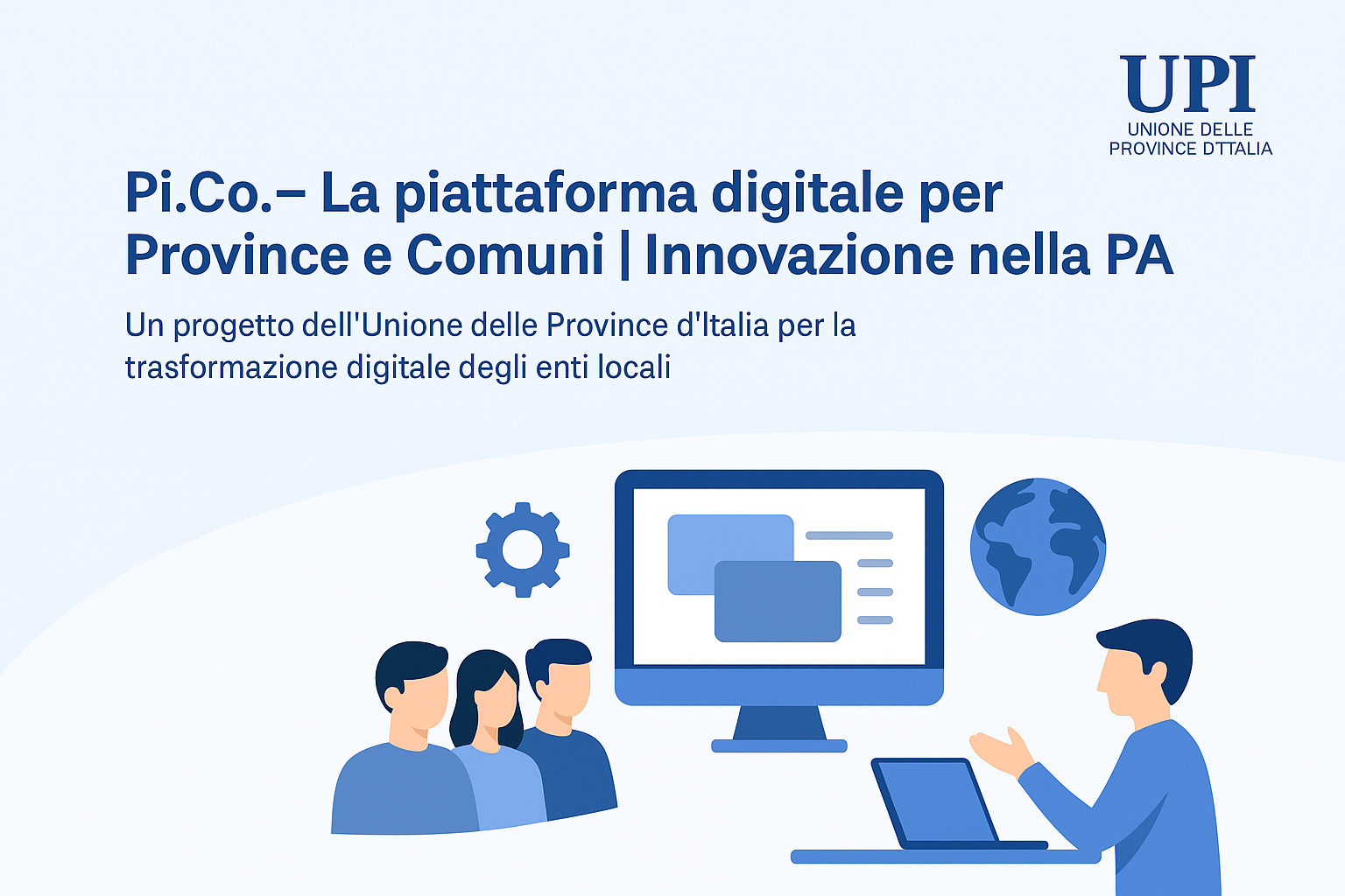 Infografica che rappresenta una persona che spiega la piattaforma ad altre tre persone utilizzando un PC portatile ed uno schermo condiviso.